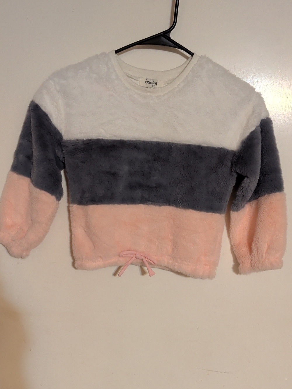 Speechless Kids Plush Colorblock Round Neck Sweater Pullover White, Gray & Pink